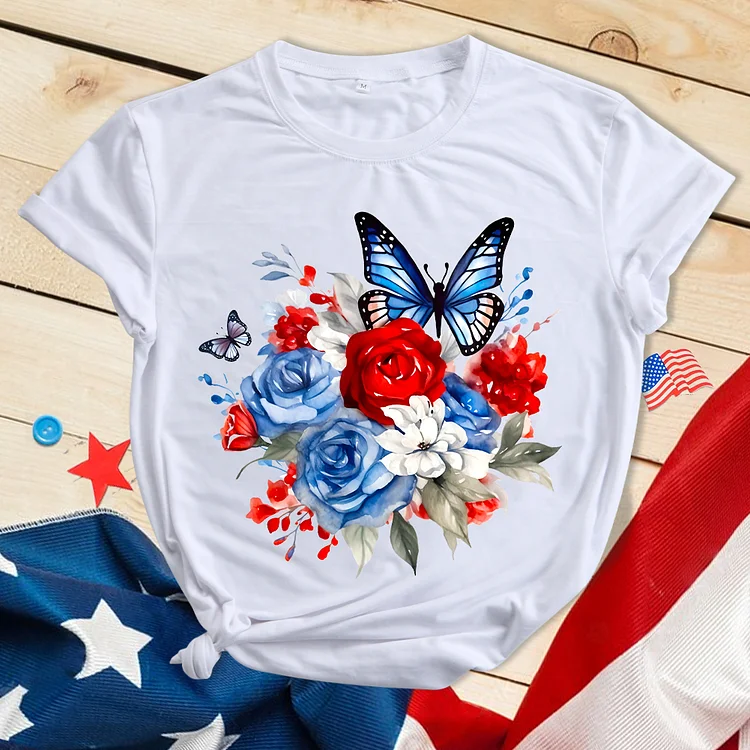 Independence Day Blue Safflower Butterfly T-shirt-BSTC1241