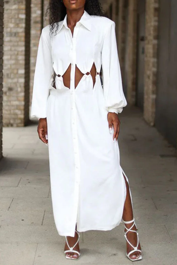 White Modern Rhombus Hollow-Out O-Ring Design Maxi Dress