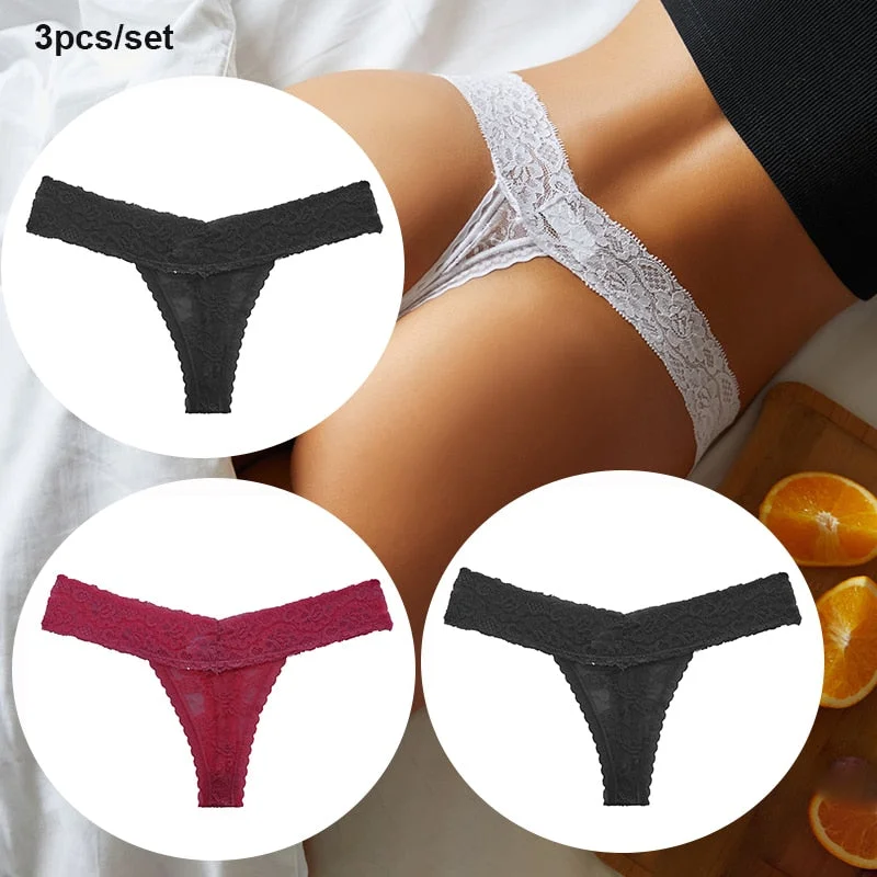 FINETOO 3PCS/Set Women Lace Sexy G-string Perspective Lingerie Temptation Panties Thong Underwear Panty Female Intimates M-XL