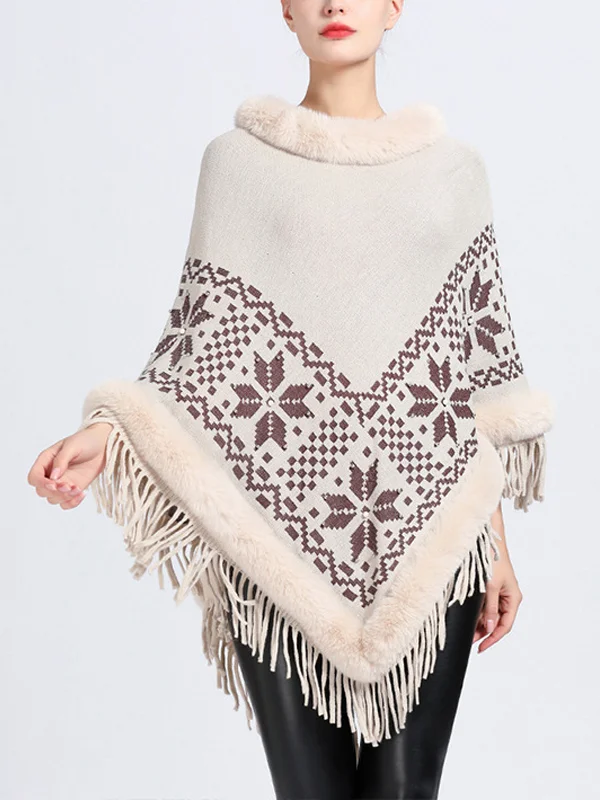 Fringe Printed Pullover Cape with Fur Collar
