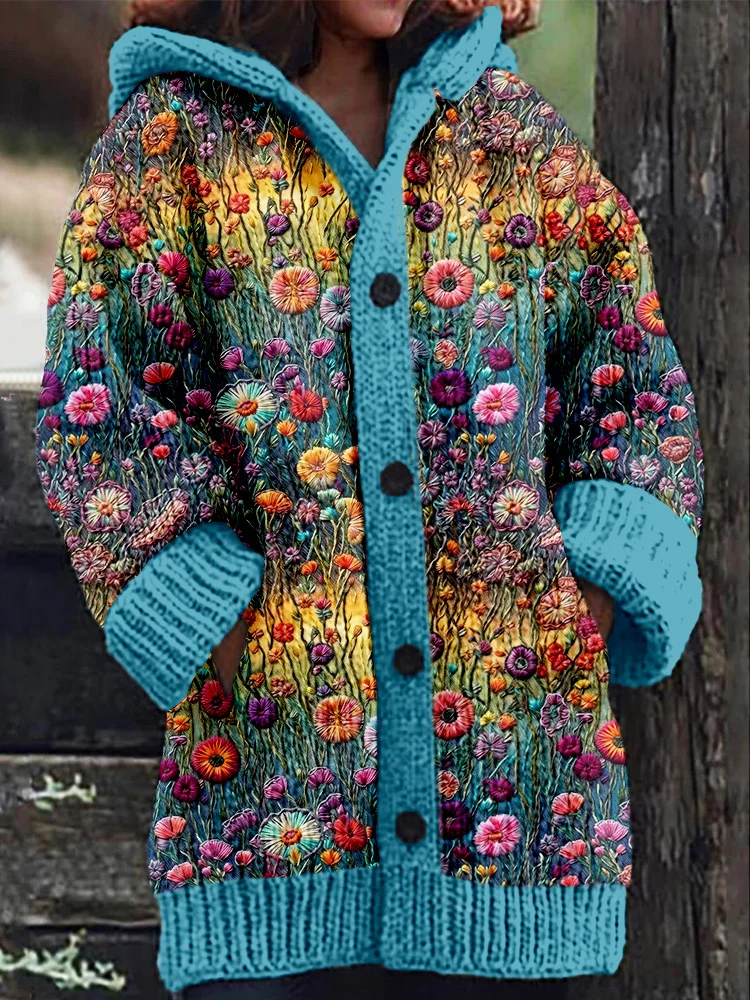 Comstylish Colorful Wildflower Embroidery Art Cozy Hooded Cardigan