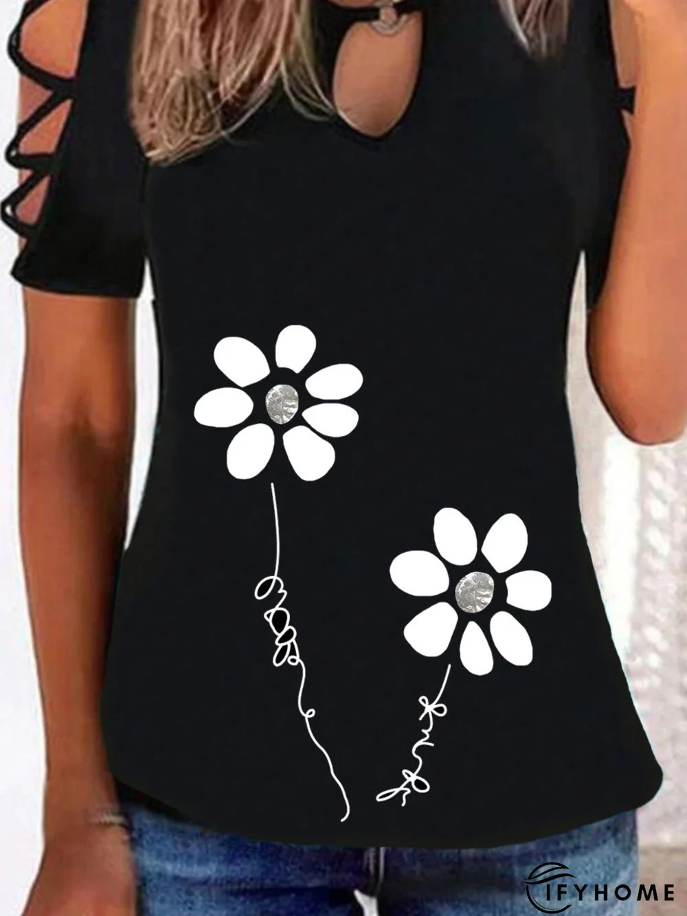 Casual Floral Short Sleeve Round Neck Plus Size Printed Tops T-shirts | IFYHOME