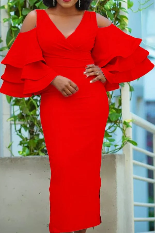 Sexy V-neck Off The Shoulder Flared Sleeve Maxi Dresses