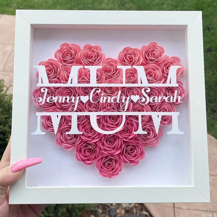 MUM Heart Shaped Monogram Flower Shadow Box Gift For Mothers-Pink