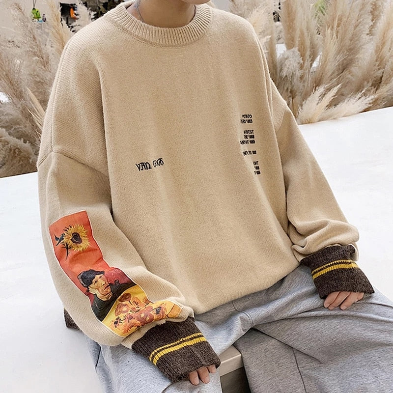 Aonga Men Sweater Pullover Pull Van Gogh Painting Embroidery Knitted Sweater Vintage Harajuku Fashion Brand Y2K Pullovers aonga