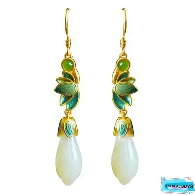 925 Silver Plated Magnolia Flower White Jade Retro Palace Style Long Women's Earrings
