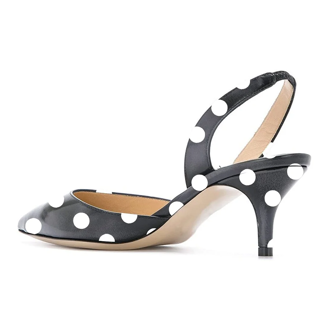 Black & White Polka Dot Pointed Slingback Pumps with Kitten Heel