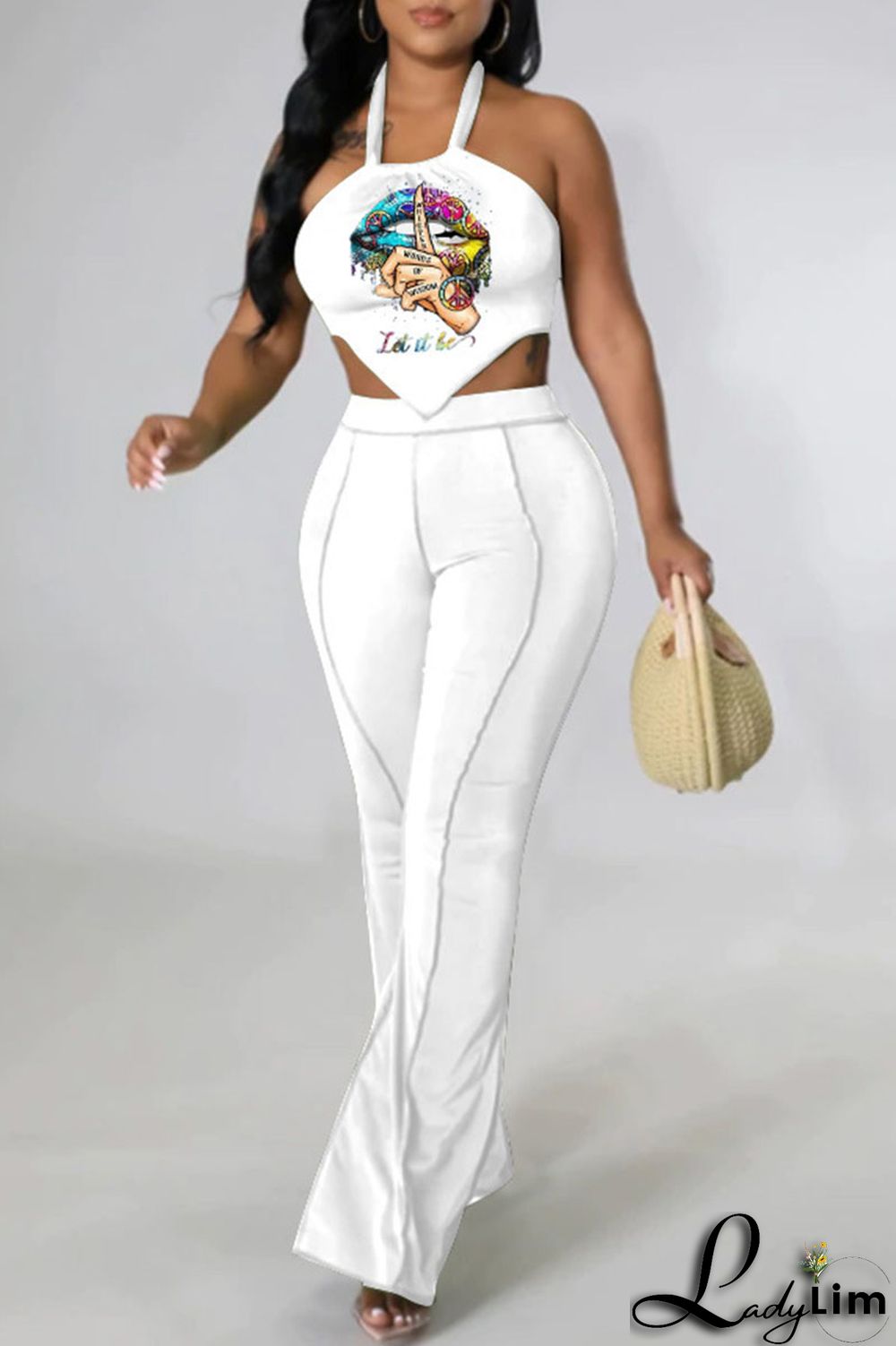 Orange Sexy Lips Printed Backless Asymmetrical Halter Sleeveless Two Pieces