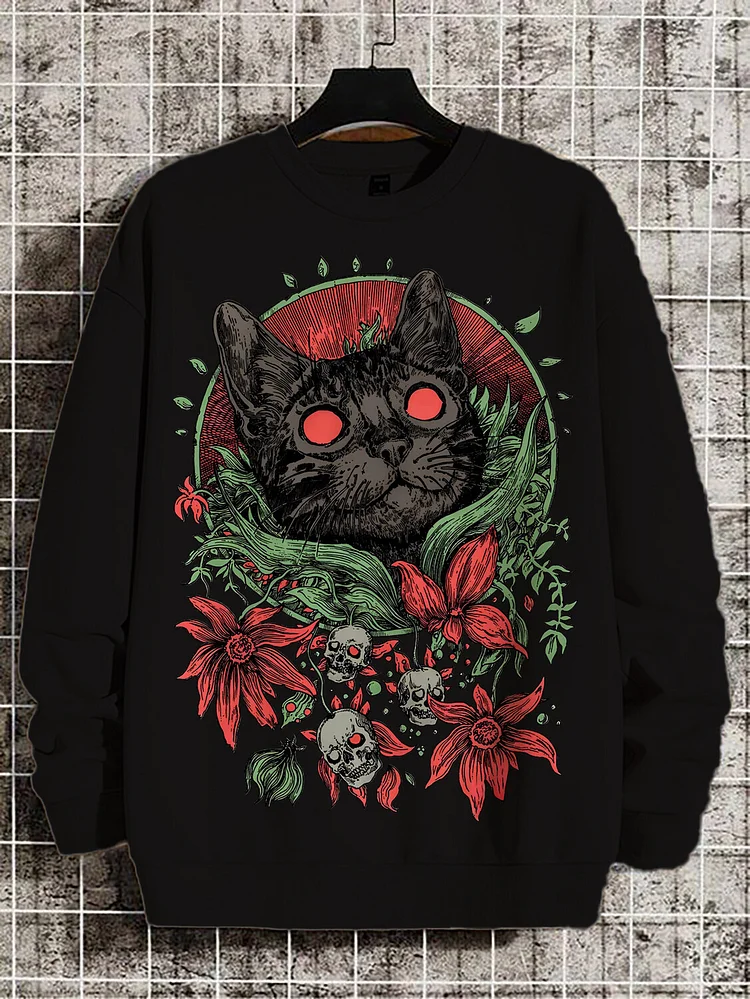 Men's Halloween Black Cat Skull Flower Print Cotton Long Sleeve Thin Sweatshirt