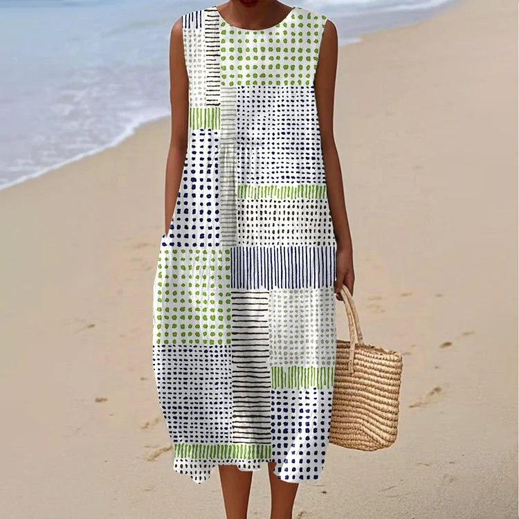 Women's Vintage Abstract Geometric Color Blocks Art Print Sleeveless Cotton Pocket Wrap Dress