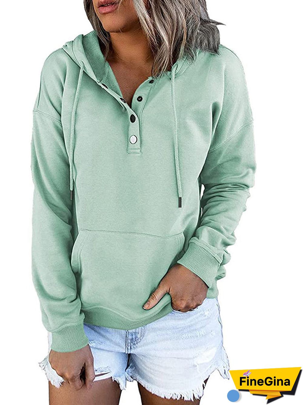 Women's Button Solid Color V-neck Long Sleeve Top