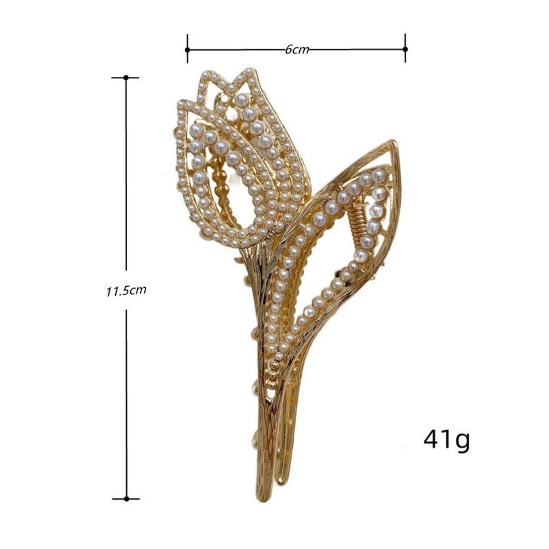 Women’s Luxurious Shiny Flower Tulip Metal Inlay Rhinestones Pearl Hair Claws
