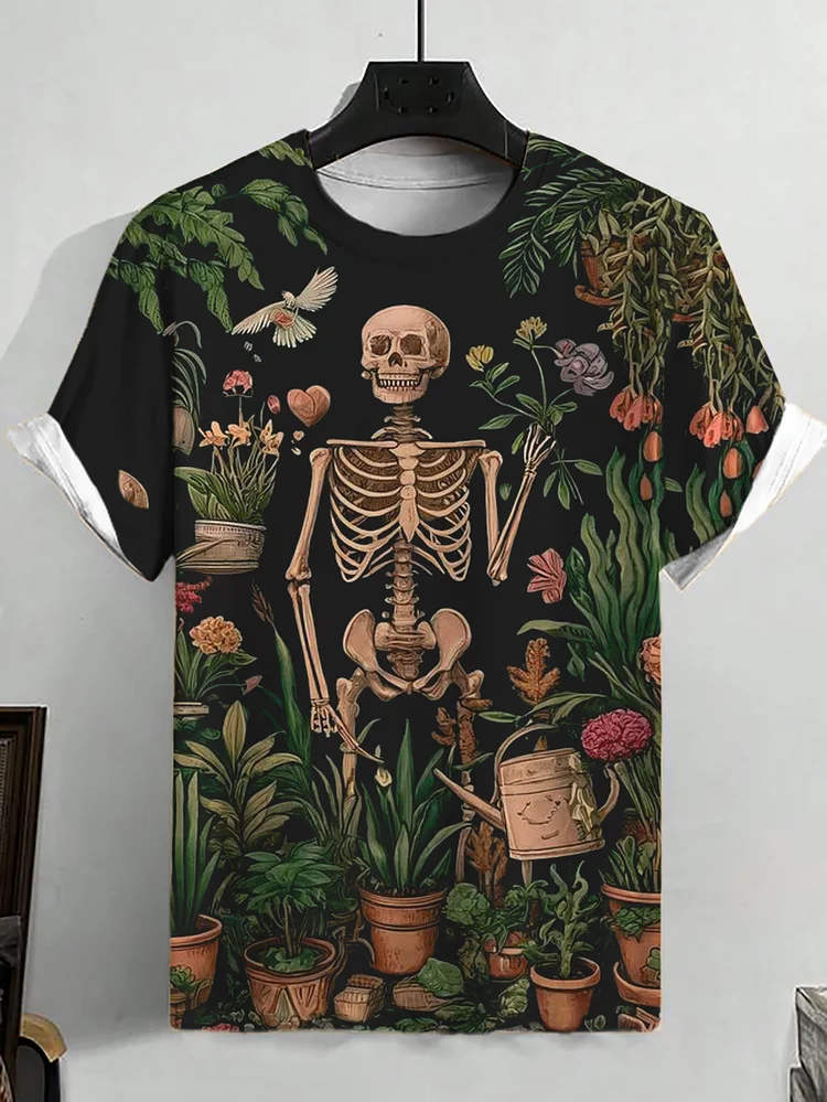 Men's Potted Plant Skeleton Hippie Art Print Casual T-Shirt
