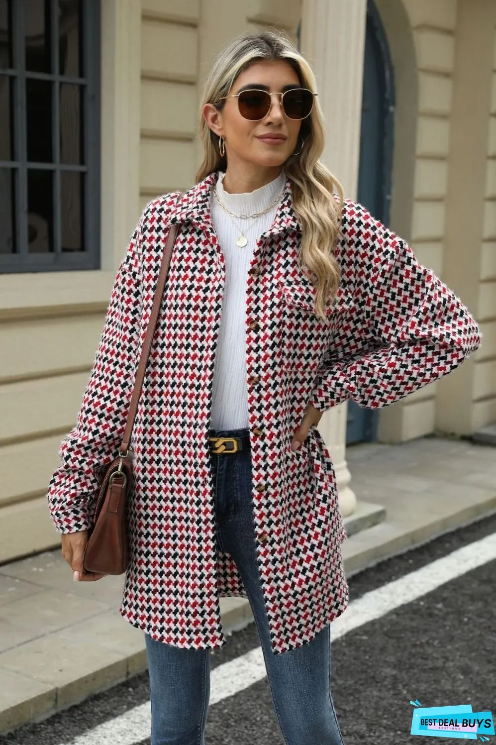 Houndstooth Button Up Dropped Shoulder Coat