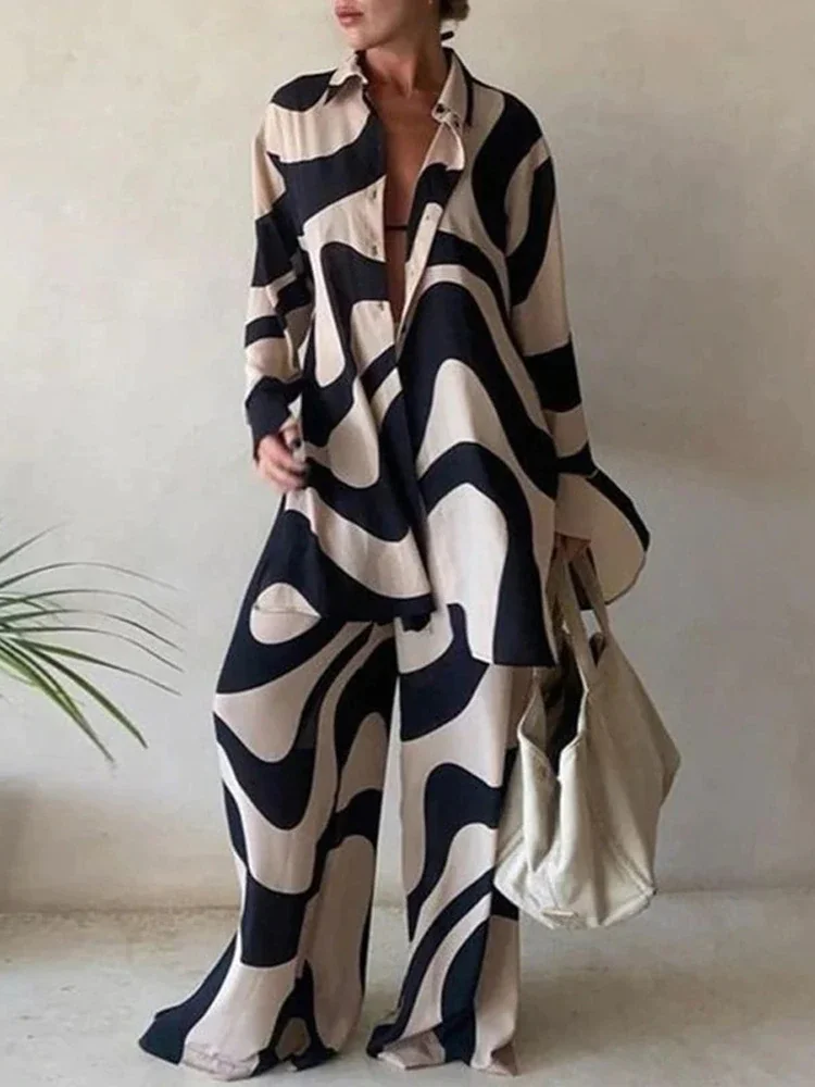 Ueong Women Casual Commuter Suit Fashion Print Loose Long Sleeve Shirt Straight Pants Two Piece Suit 2022 New Office Elegant Chic Suit