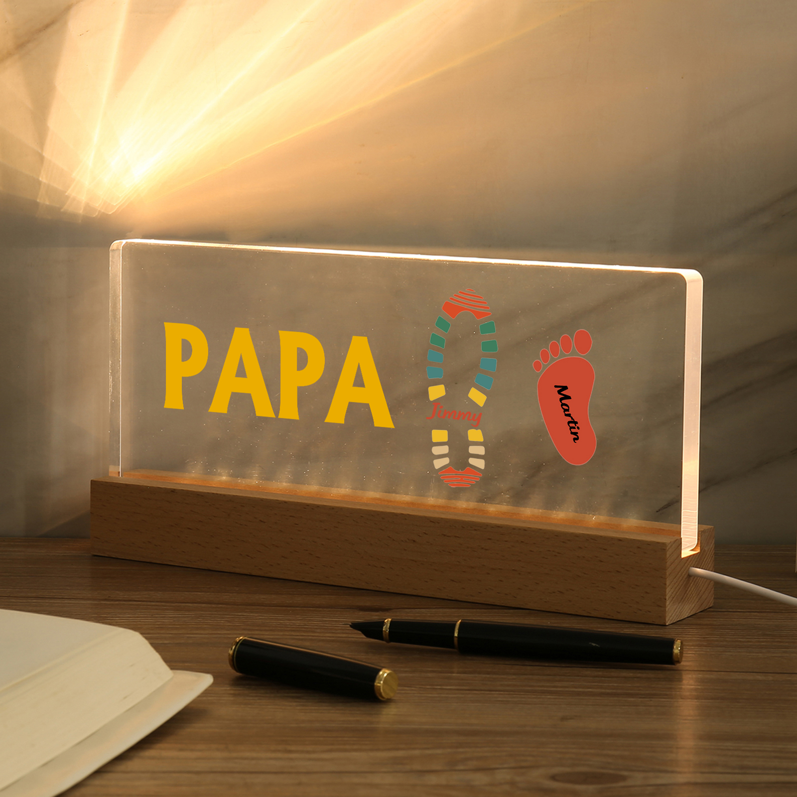 À mon Papa/Papi- Lampe de chevet LED Pieds Bébé 2 Prénoms Personnalisés avec Texte