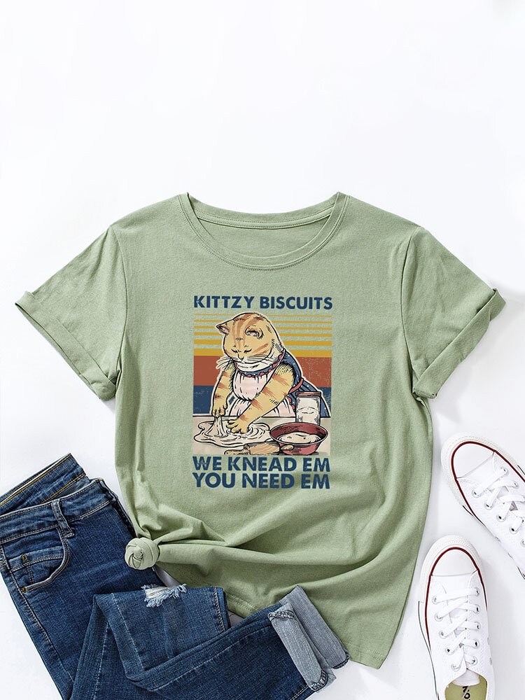 Cartoon Cat Letters Print O neck Short Sleeve Women Casual T shirt P1856246
