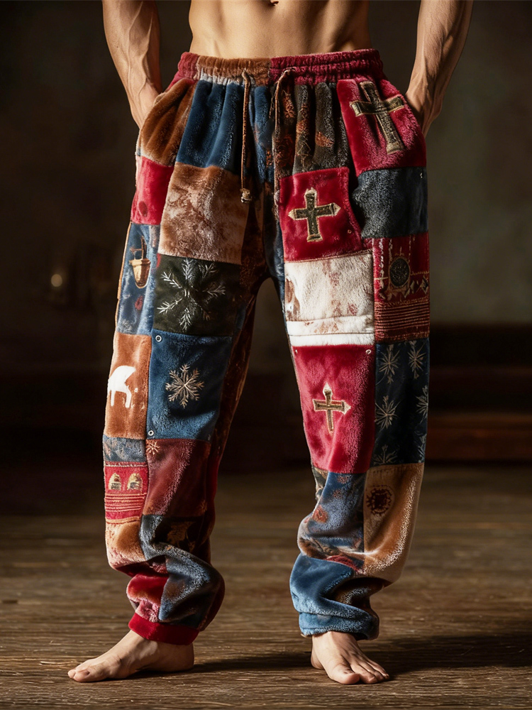 Christmas Cross Snowflake Patchwork Design Men's Flannel Pants elevenforest