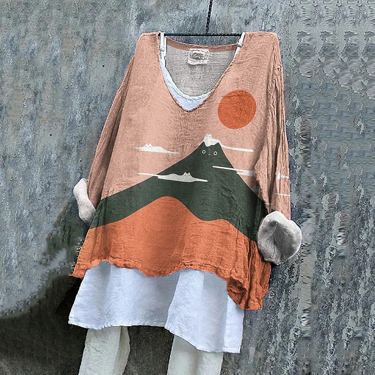 Japanese Cat Art Print V-Neck Loose Blouse