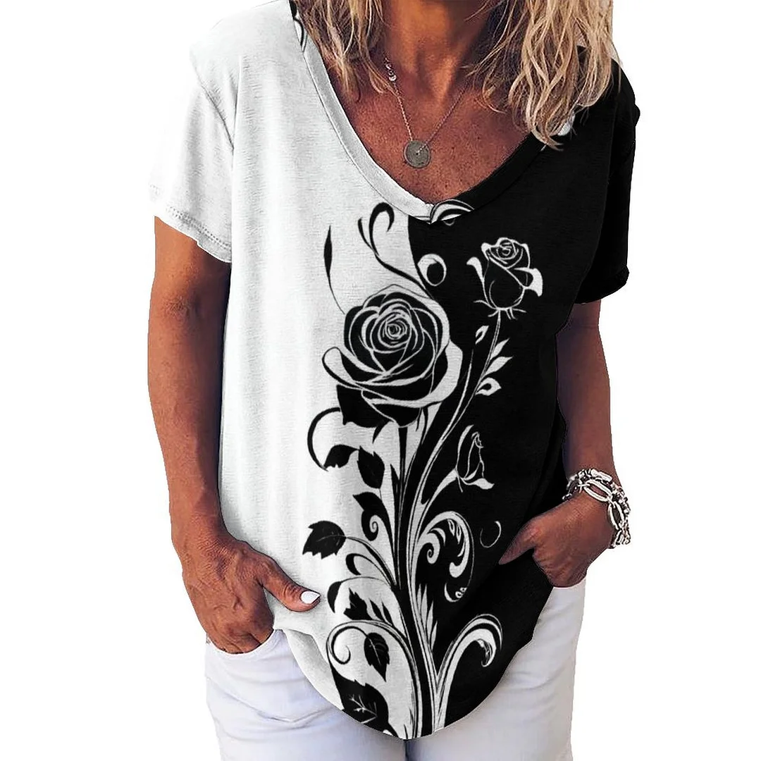 V-neck Short Sleeve Casual T-shirt for  Women Printed with Pattern Rose, White, Black