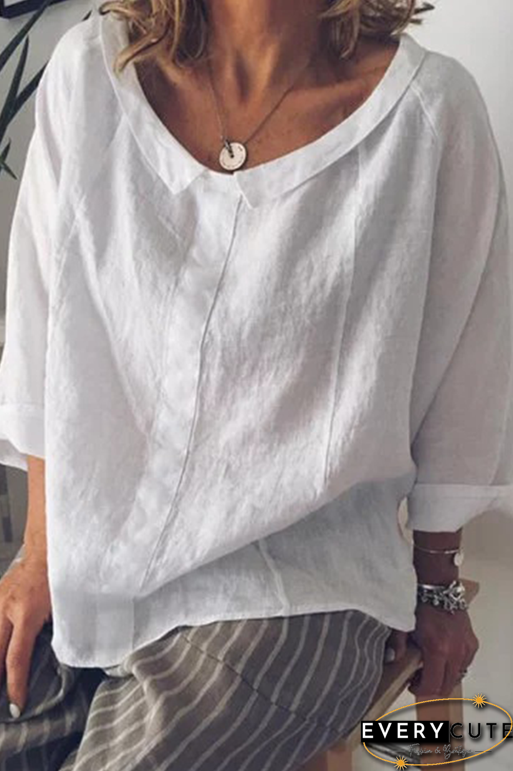 Solid O Neck Loose Blouse