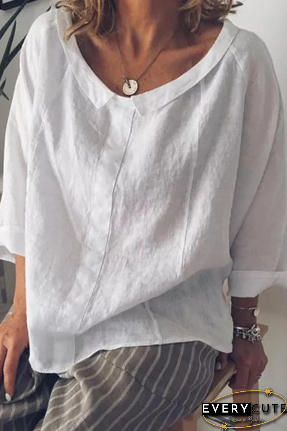 Solid O Neck Loose Blouse