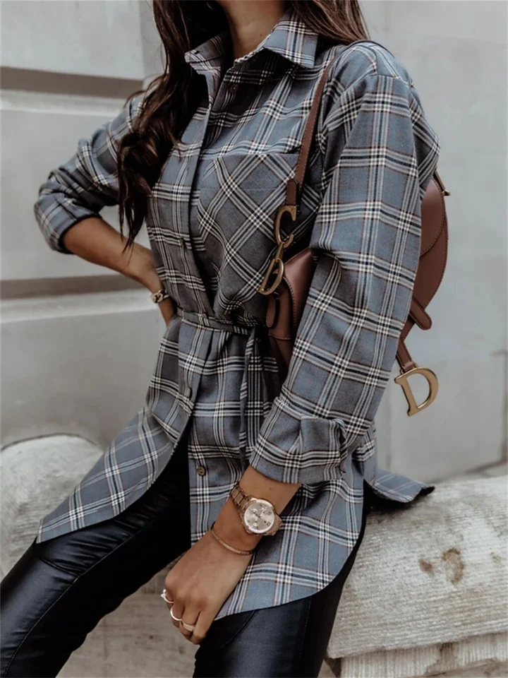 Long-sleeved Long A-line Fashion Plaid Ladies Shirt-Cosfine