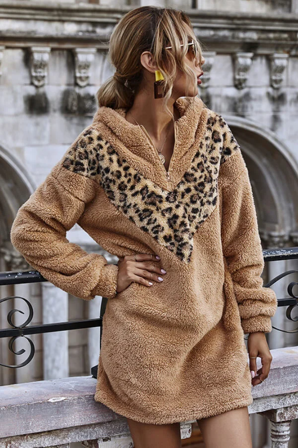 Fashion Casual Hoodie Patchwork Lamb Dress