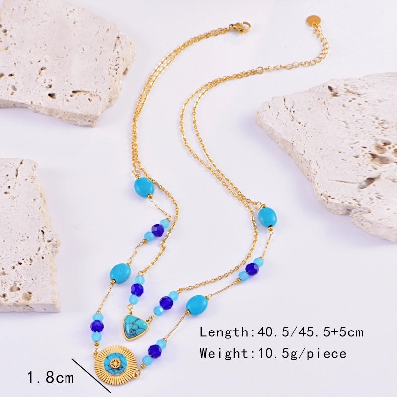 Casual Vacation British Style Round Heart Shape 304 Stainless Steel Double Layer Necklaces