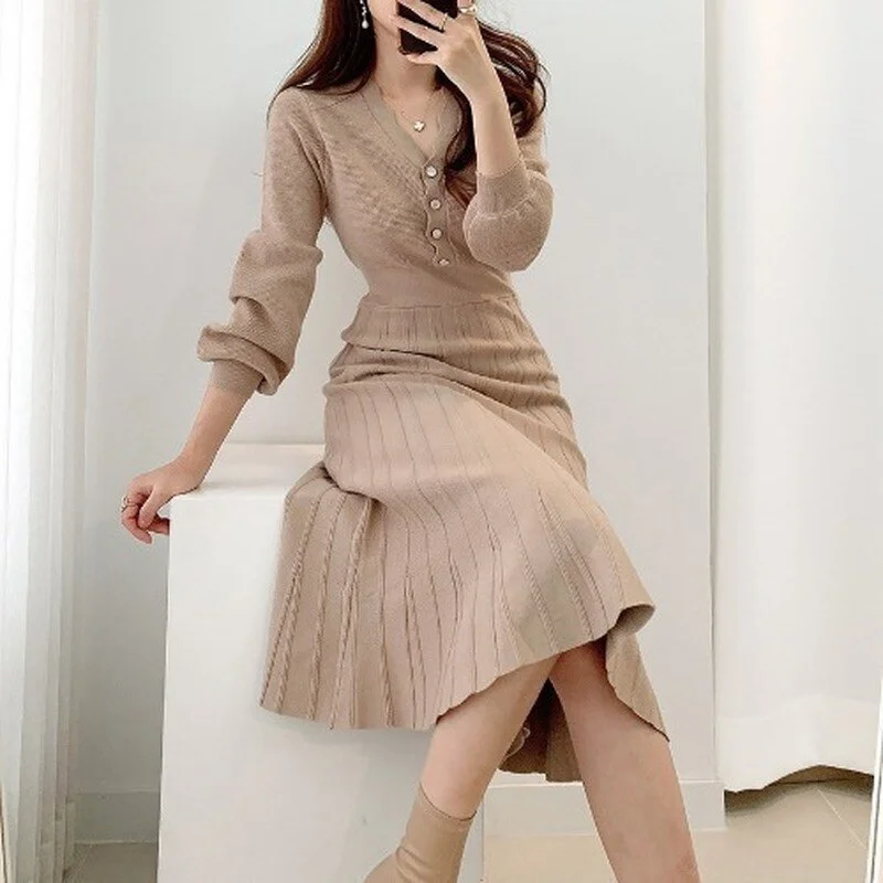 Christmas Gift V Neck Long Sleeve Midi Dress Women Button Decreation High Waist A Line Slim Femme Robe 2021 Chic Knitted Solid Vestidos