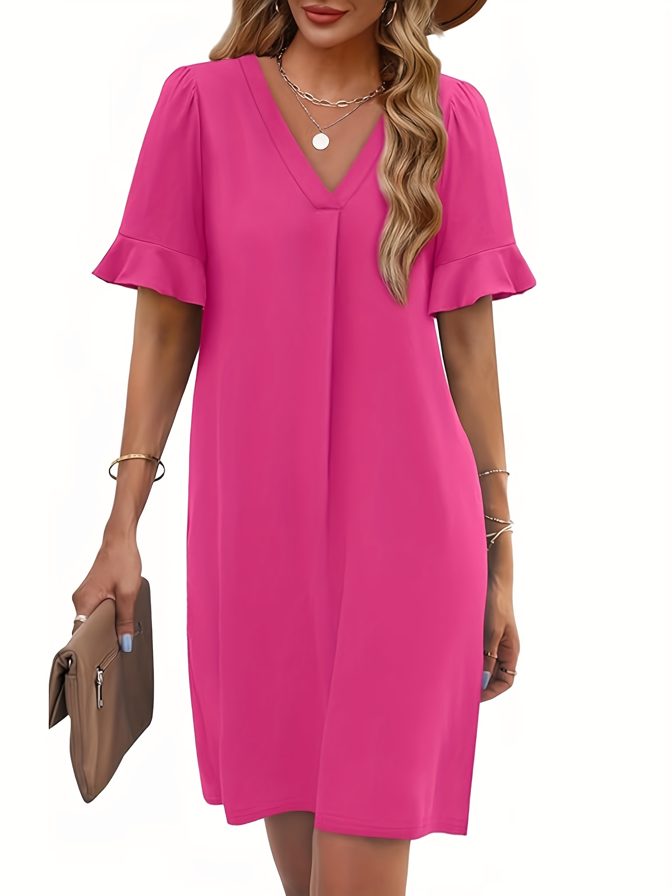 Summer Flowy Women's Casual Shift Dress With Pockets | Ruffle Short Sleeve V Neck Holiday Dress | IFYHOME