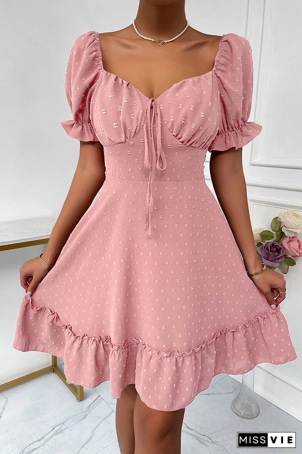 Solid Polka Dot Ruffle Short Sleeve Dress Wholesale