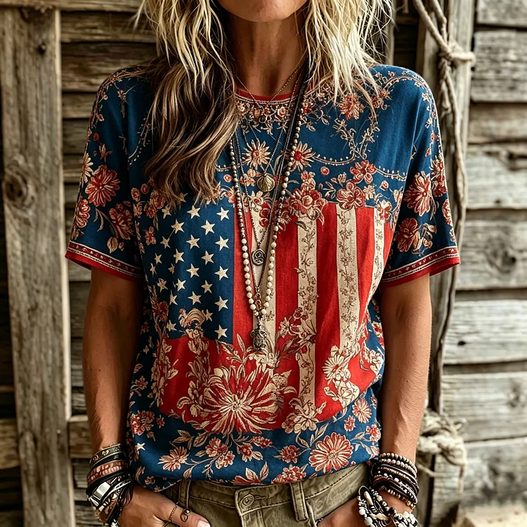 Women's Retro Independence Day Flag And Floral Art Print Casual Crew Neck T-shirt