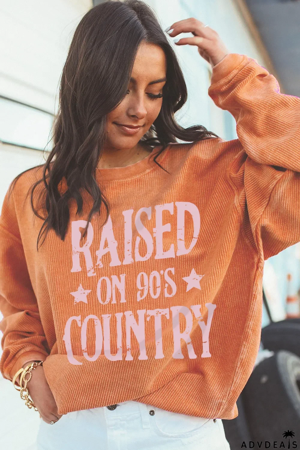 Orange Letter Print Ribbed Long Sleeve Oversized Sweatshirt