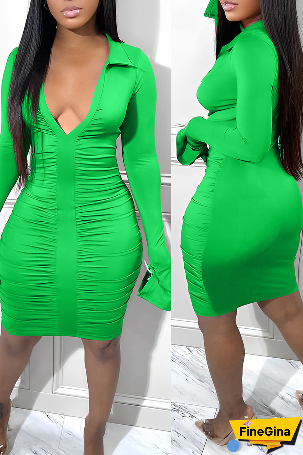 Blue Sexy Solid Fold Turndown Collar Pencil Skirt Dresses