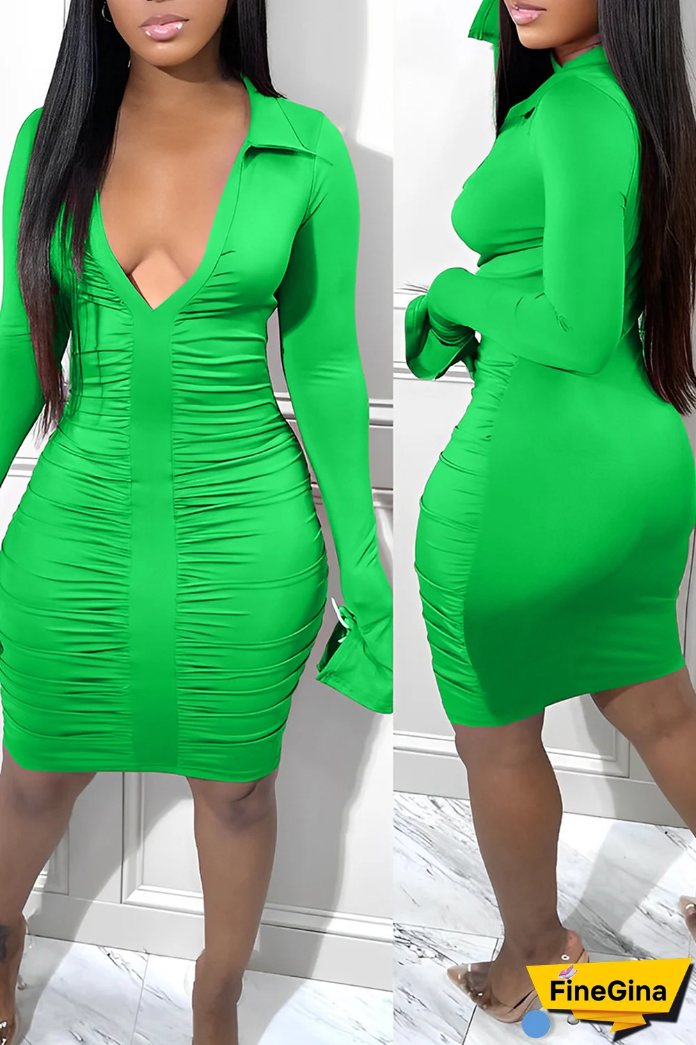 Blue Sexy Solid Fold Turndown Collar Pencil Skirt Dresses