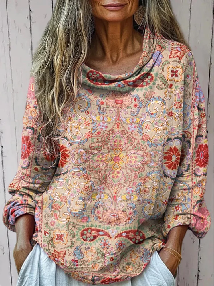Women's Vintage Floral Art Print Casual Long Sleeve Comfortable Cotton Shirt