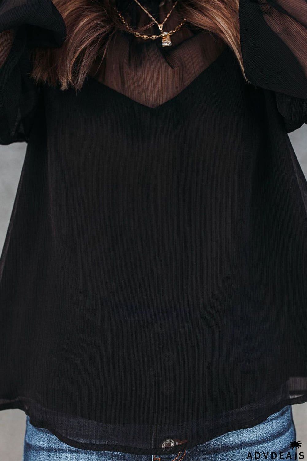 Sheer Ruffled Puff Sleeves Blouse