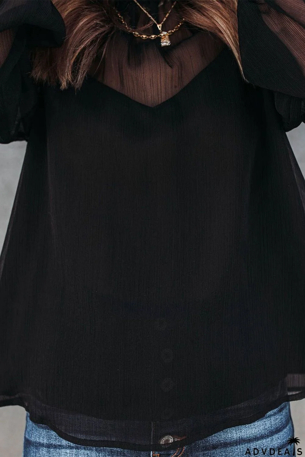 Sheer Ruffled Puff Sleeves Blouse