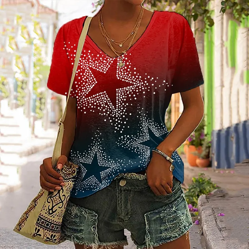  Women's Independence Day Star Print V Neck T-shirt Westsshops