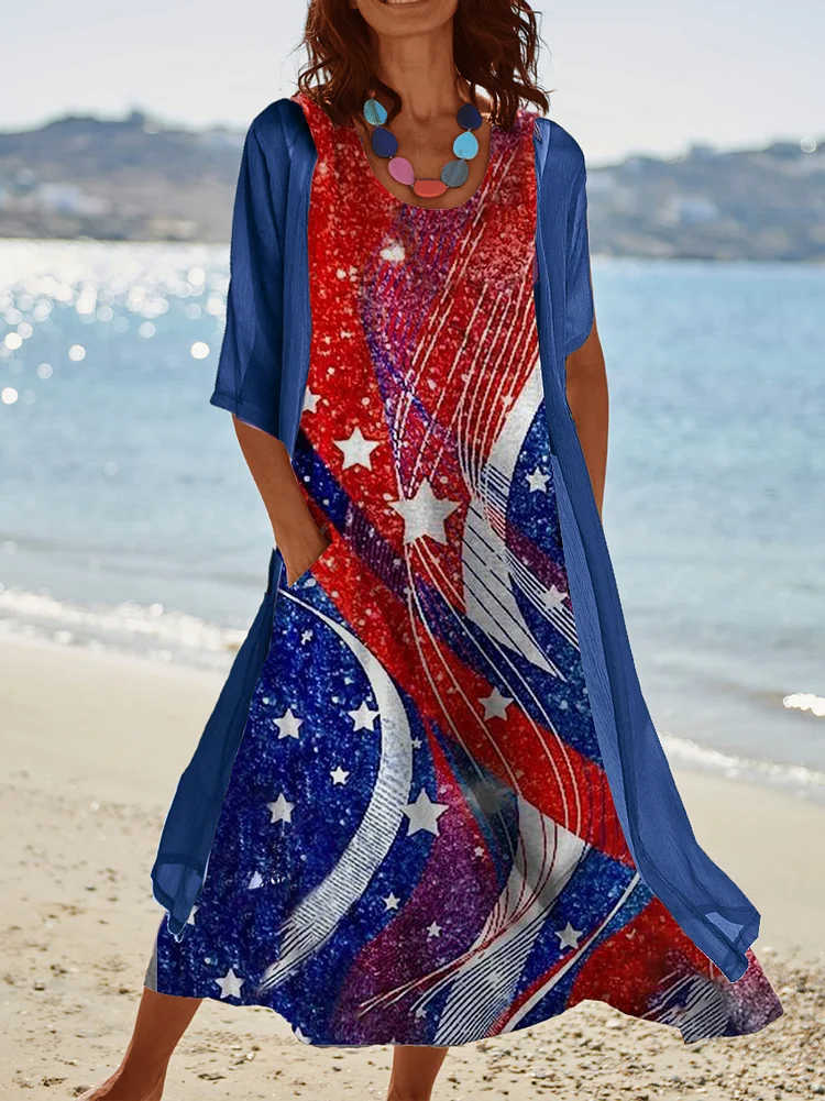 Women's Two Piece Casual Midi American Flag Print Dresses