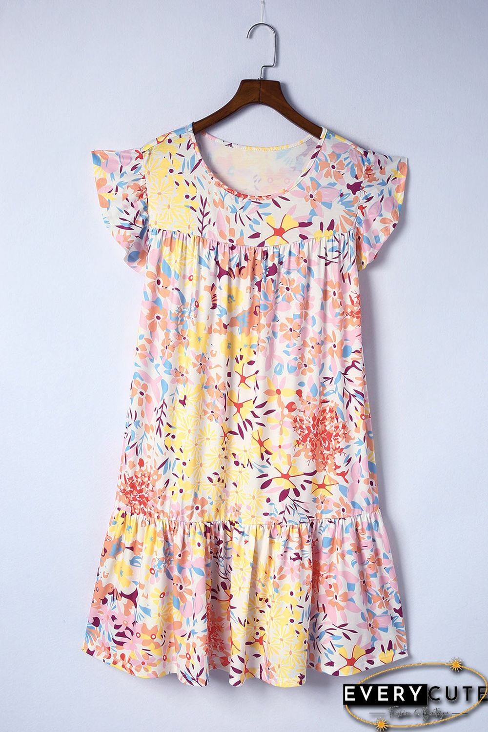 Multicolor Floral Print Ruffled Short Sleeve Plus Size Dress