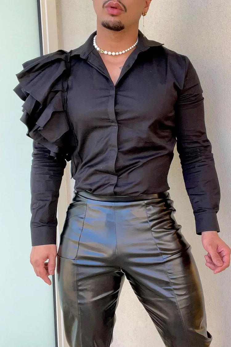 Men's Casual Ruffle Slim Fit Black Shirt