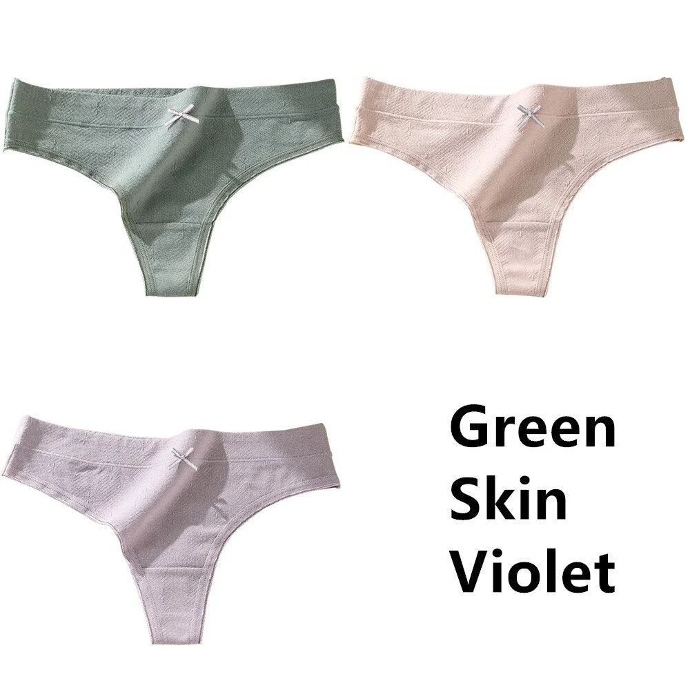 3Pcs Women's Cotton G-String Thong Sexy Panties for Women Bow Seamless Briefs Underwear Intimate Lingerie Ladies T-back Low-Rise