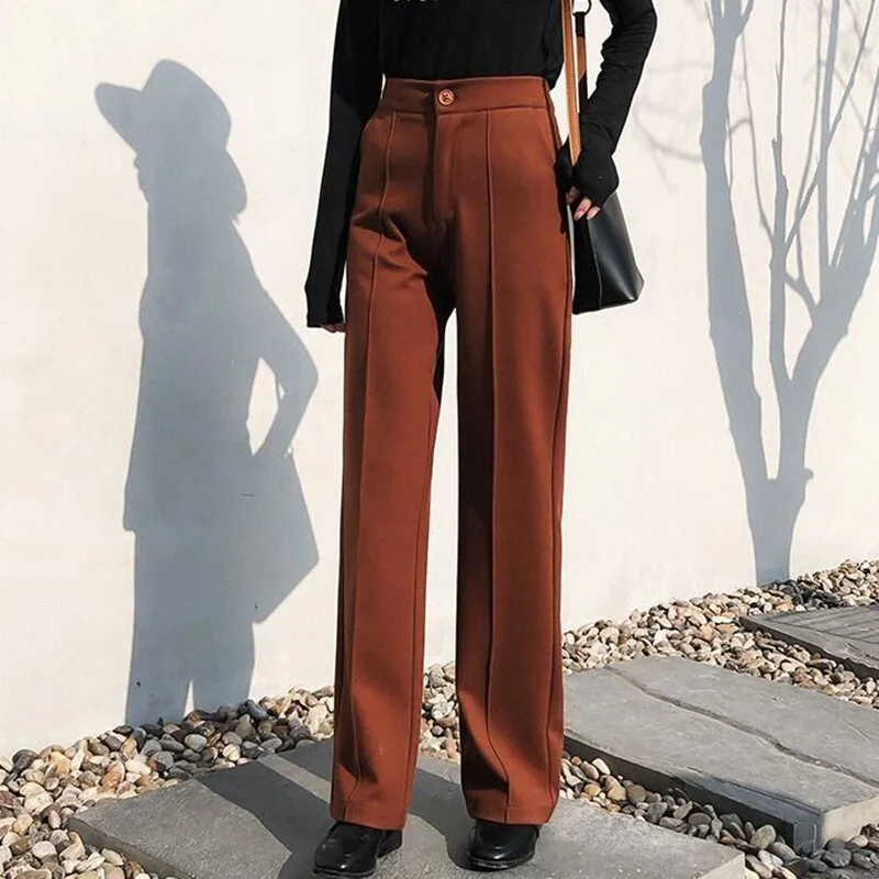 Woolen Pants Women Winter Warm Casual Lady Straight Pants High Waist Plus Size S~3XL Wide Leg Female Pantalon Woman Trousers