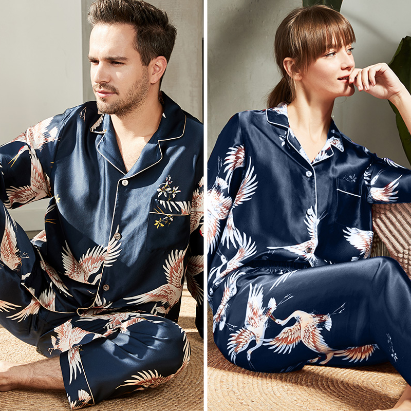 22 Momme Luxury Printed Couple's Silk Pajamas Blue