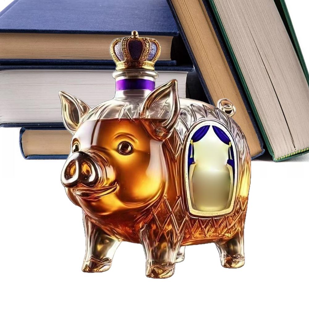 Tegooe Luxury Pig Decanter with Crown Stopper Novelty Glass Liquor Dispenser for Whiskey