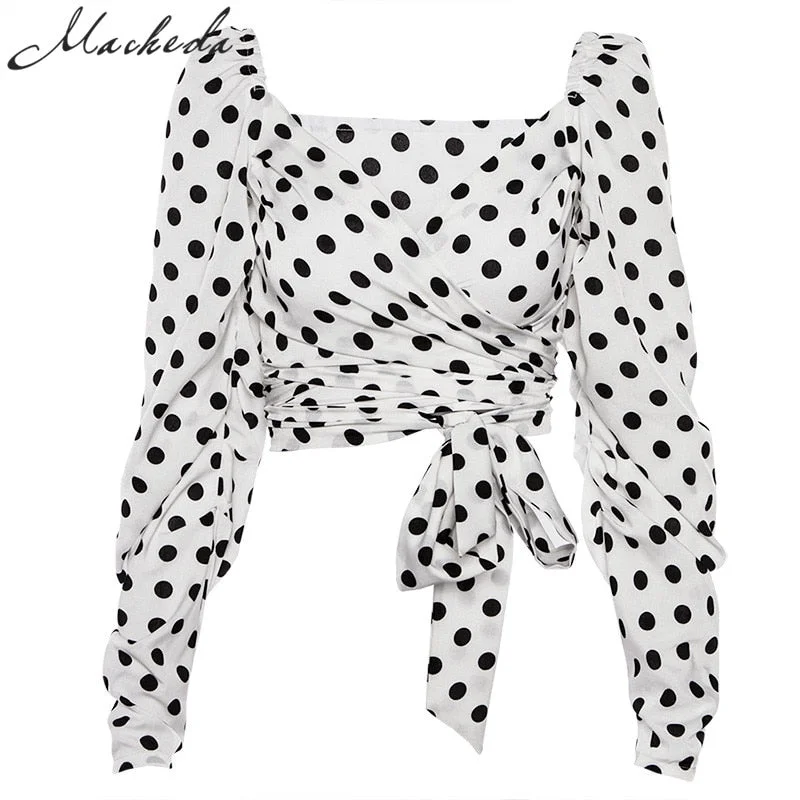 Macheda Sexy V-neck Tank Tops Women Fashion Summer 2018 Polka Dot Crop Top Female Short Hot Top Tie Casual White Camis Top