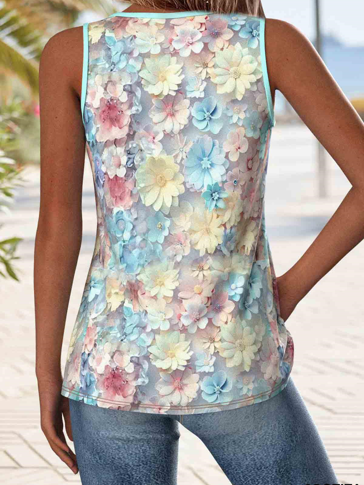 Women Sleeveles V-neck Floral Printed Graphic Tops