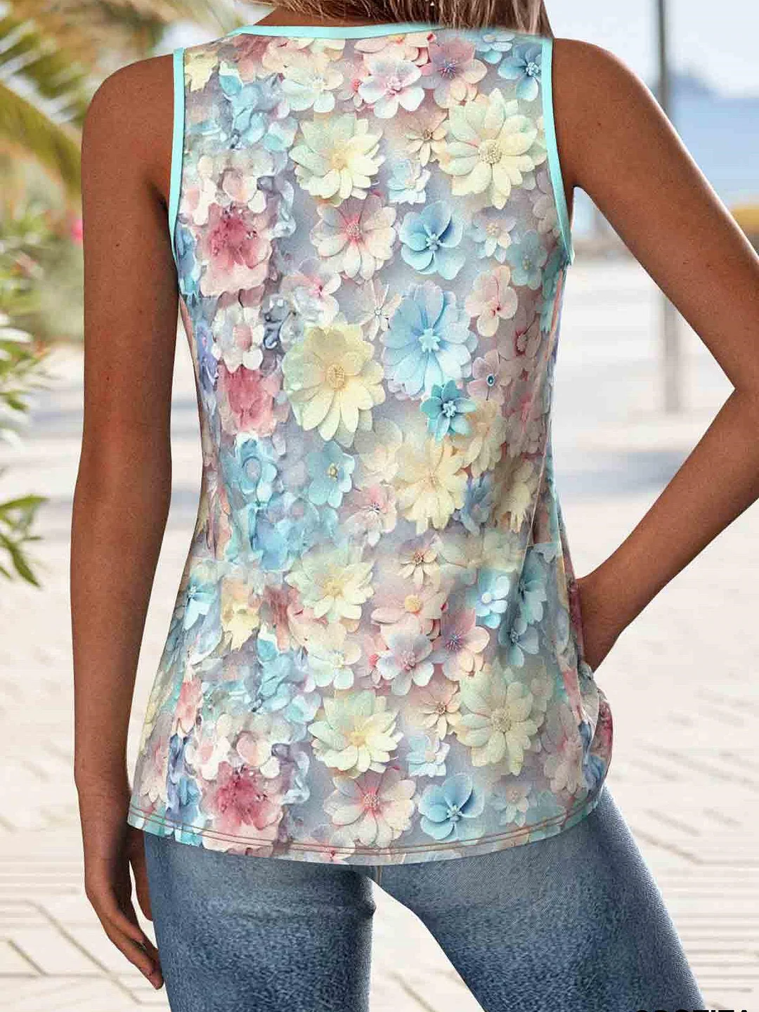 Women Sleeveles V-neck Floral Printed Graphic Tops